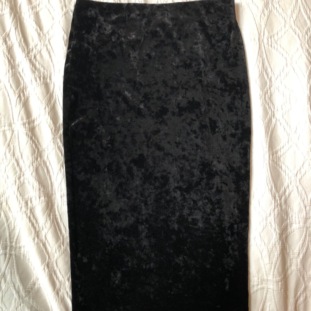 Black velour midi length tight skirt
